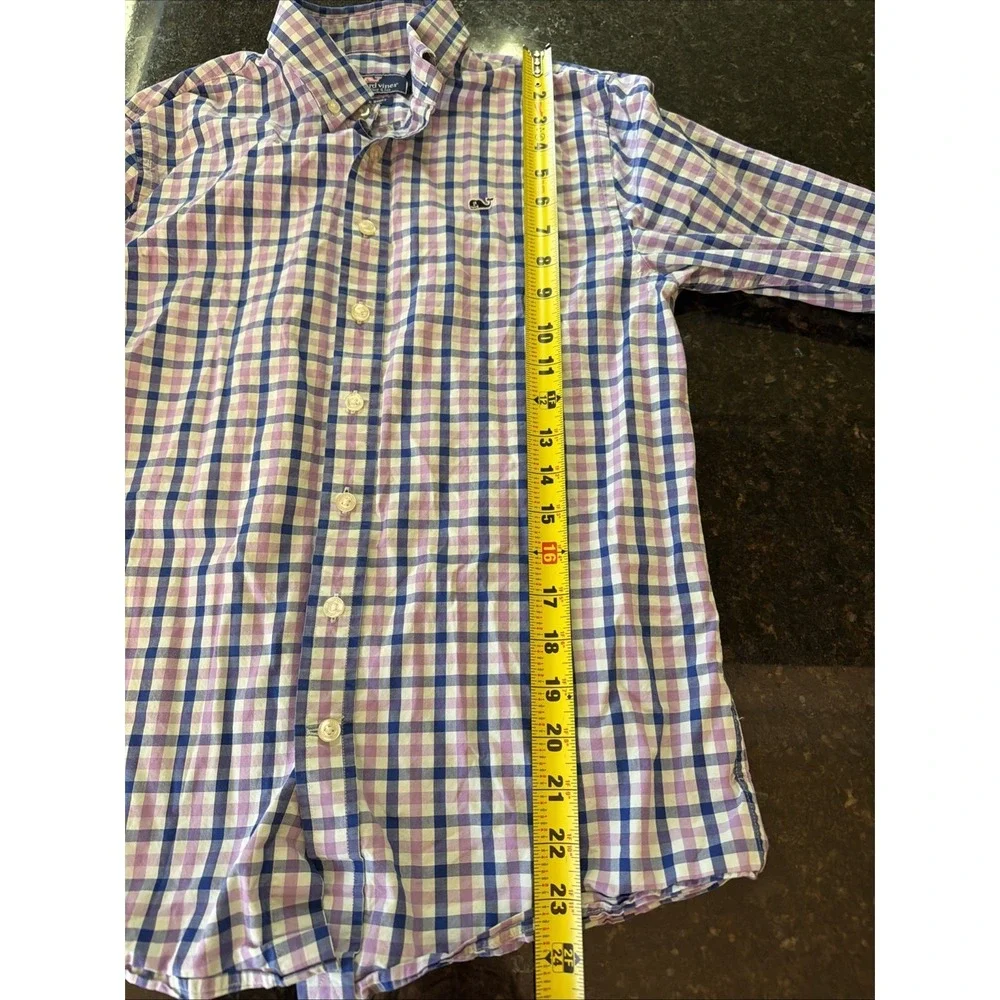 Vineyard Vines Whale Shirt Youth L Sz 16 Purple Check‎ Gingham Button Up Down